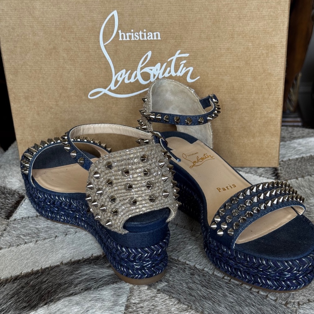 Christian Louboutin MADMONICA 60 Spiked Stud Platform Wedge Sandals Shoes - Picture 3 of 9